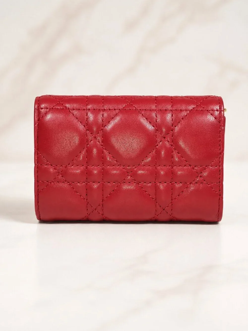 Christian Dior Lady Dior Cannage Quilted Red Leather Wallet w/ Gold Charms - New
